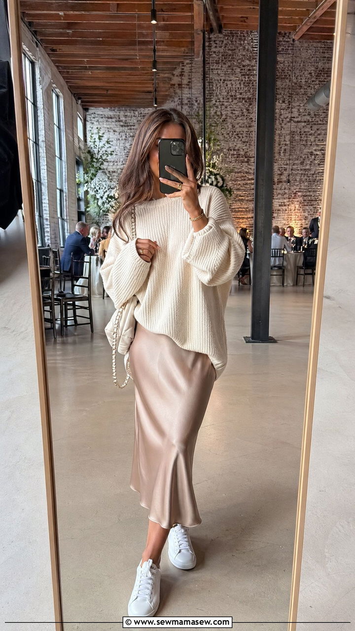 Slip skirt with oversized sweater and sneakers - 35 Casual wedding guest outfit ideas