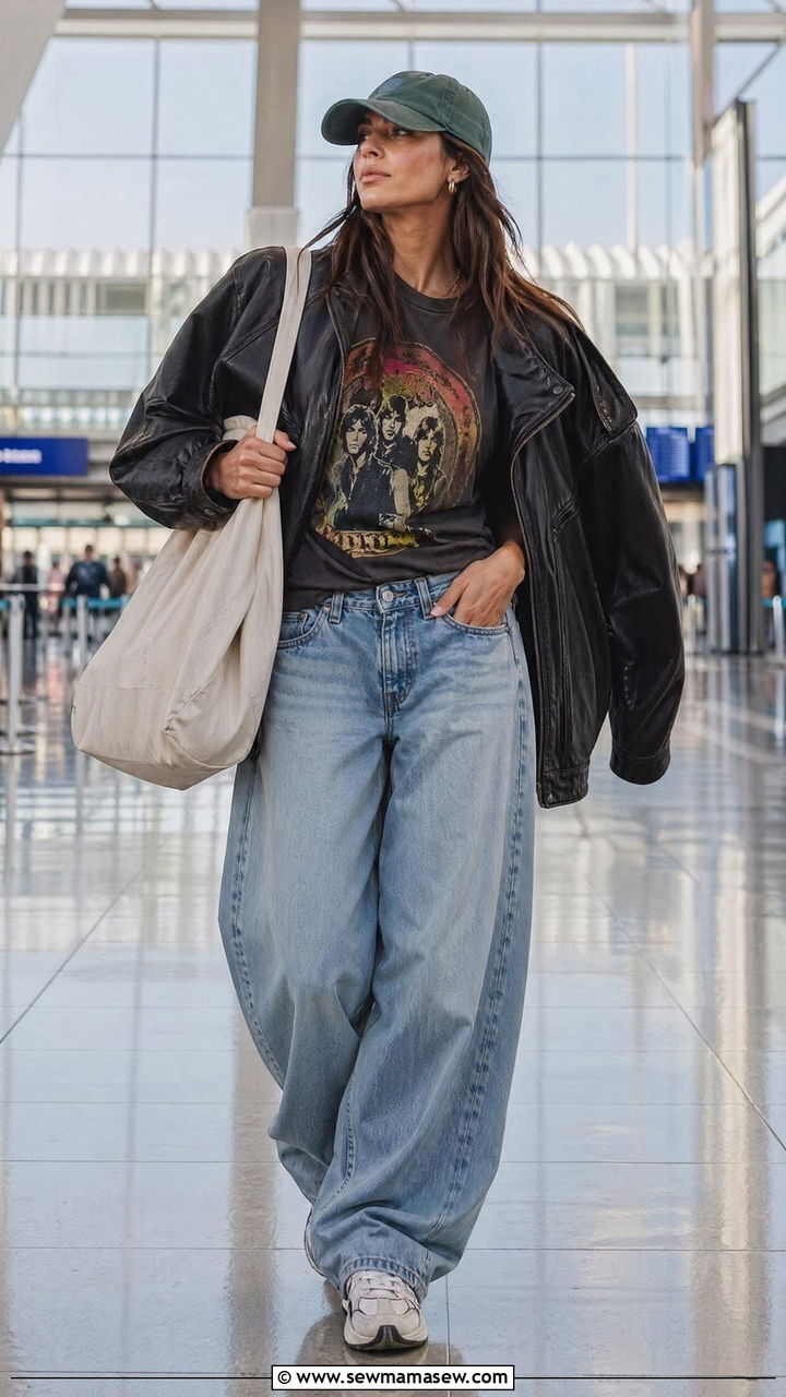 Slogan Tee With Baggy Jeans And Retro Sneakers - 40 Airport outfits for women