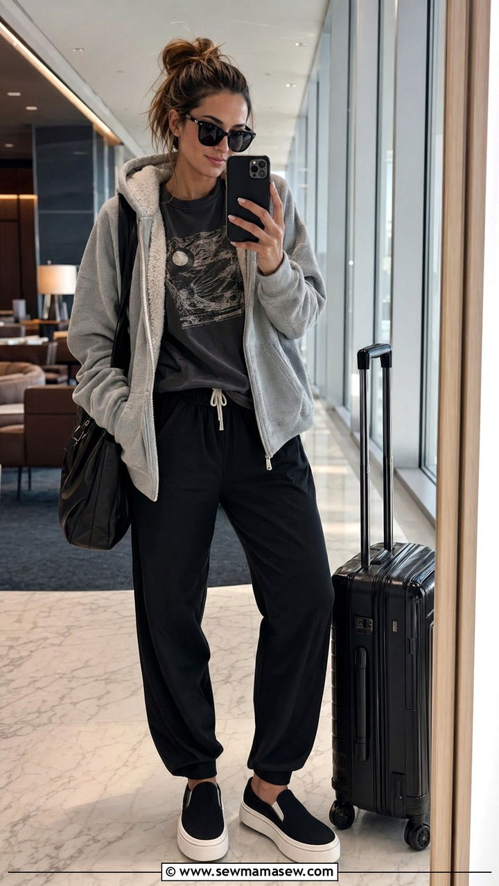 Slogan Tee With Track Pants And Fleece Lined Hoodie - 30 Airport outfit ideas long haul flight