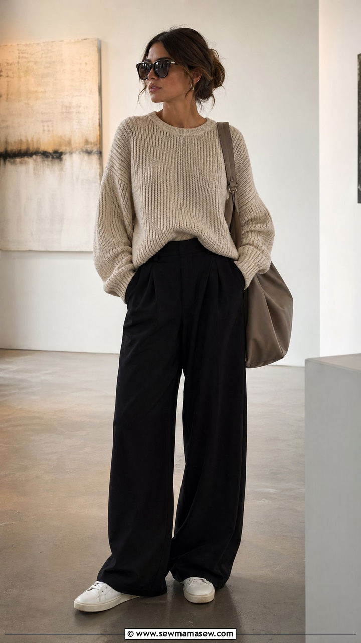 Slouchy Chunky Sweater With Wide Leg Pants - 35 chunky sweater outfit ideas for women