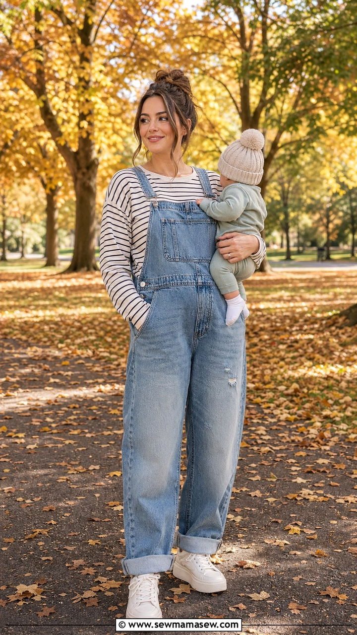 Slouchy Dungarees and Long Sleeve Tee Postpartum - 35 Postpartum outfit ideas