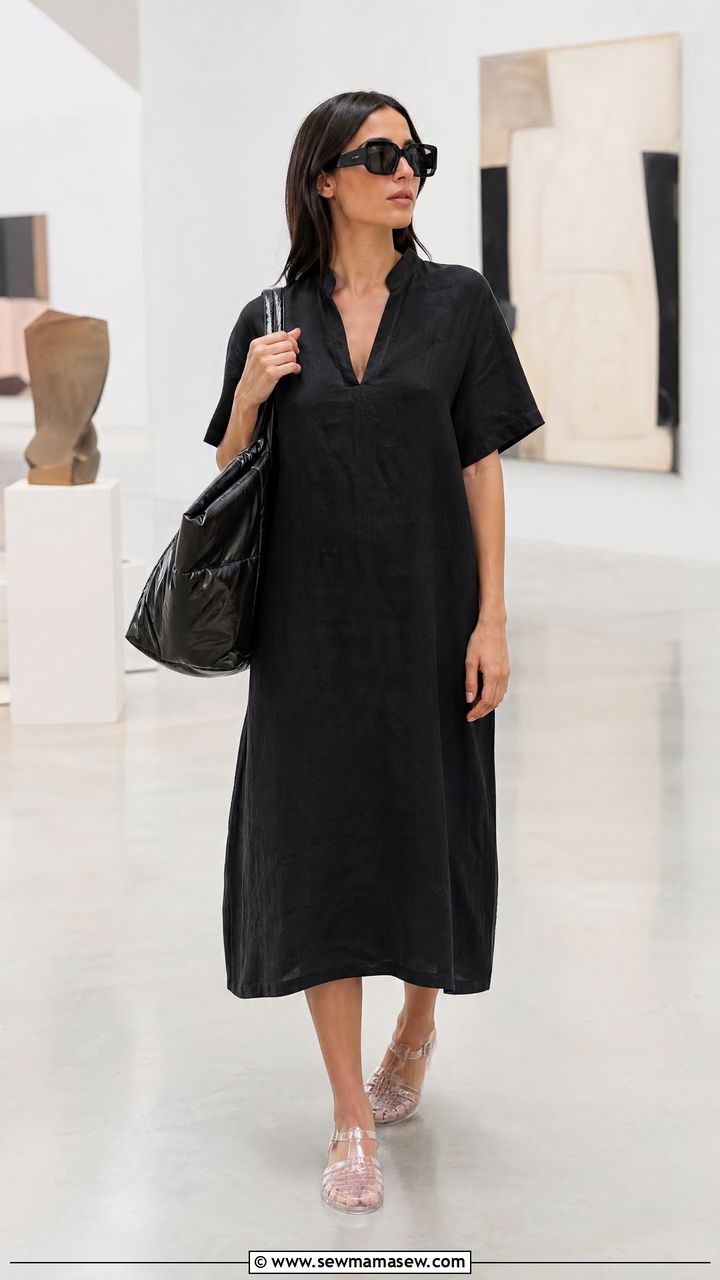 Slouchy Linen Midi Dress Flat Jelly Sandals - 35 South of France outfit ideas