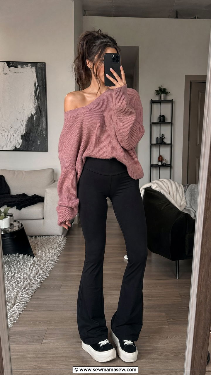 Slouchy Off Shoulder Sweater With Flared Leggings - 35 Classy loungewear outfit ideas