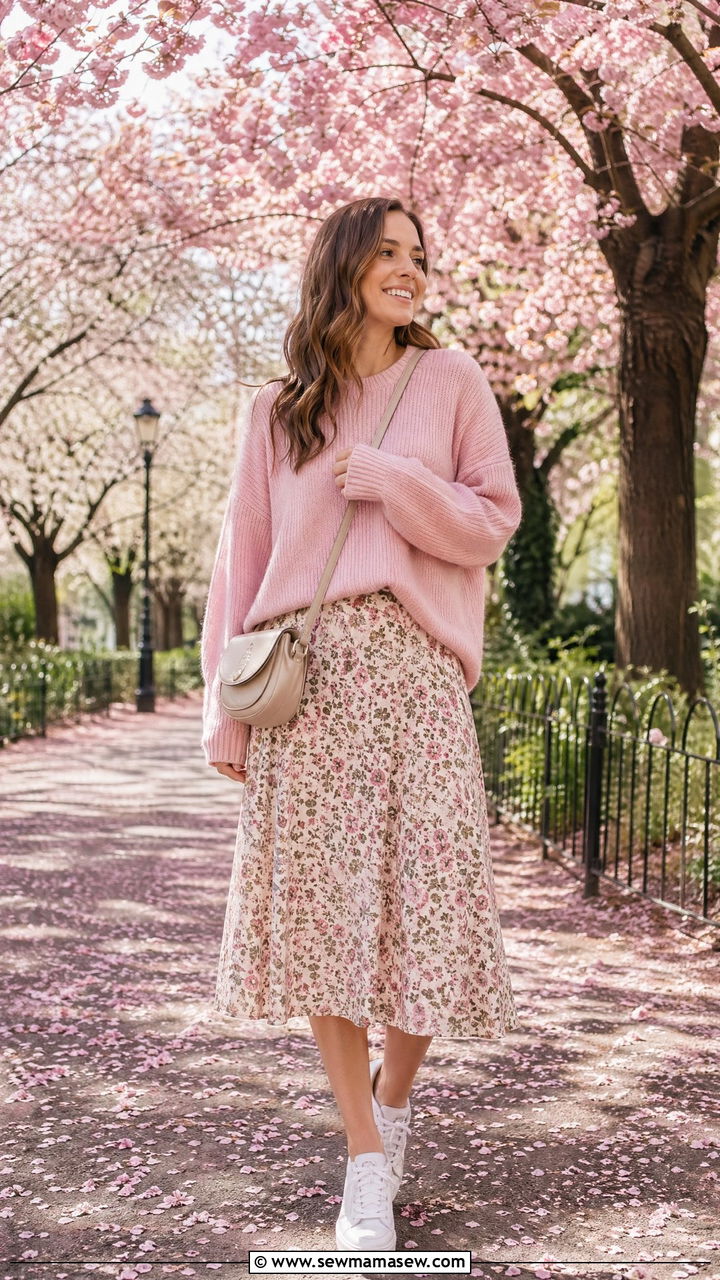 Slouchy Sweater and Printed Midi Skirt Outfit - 35 spring outfit ideas casual