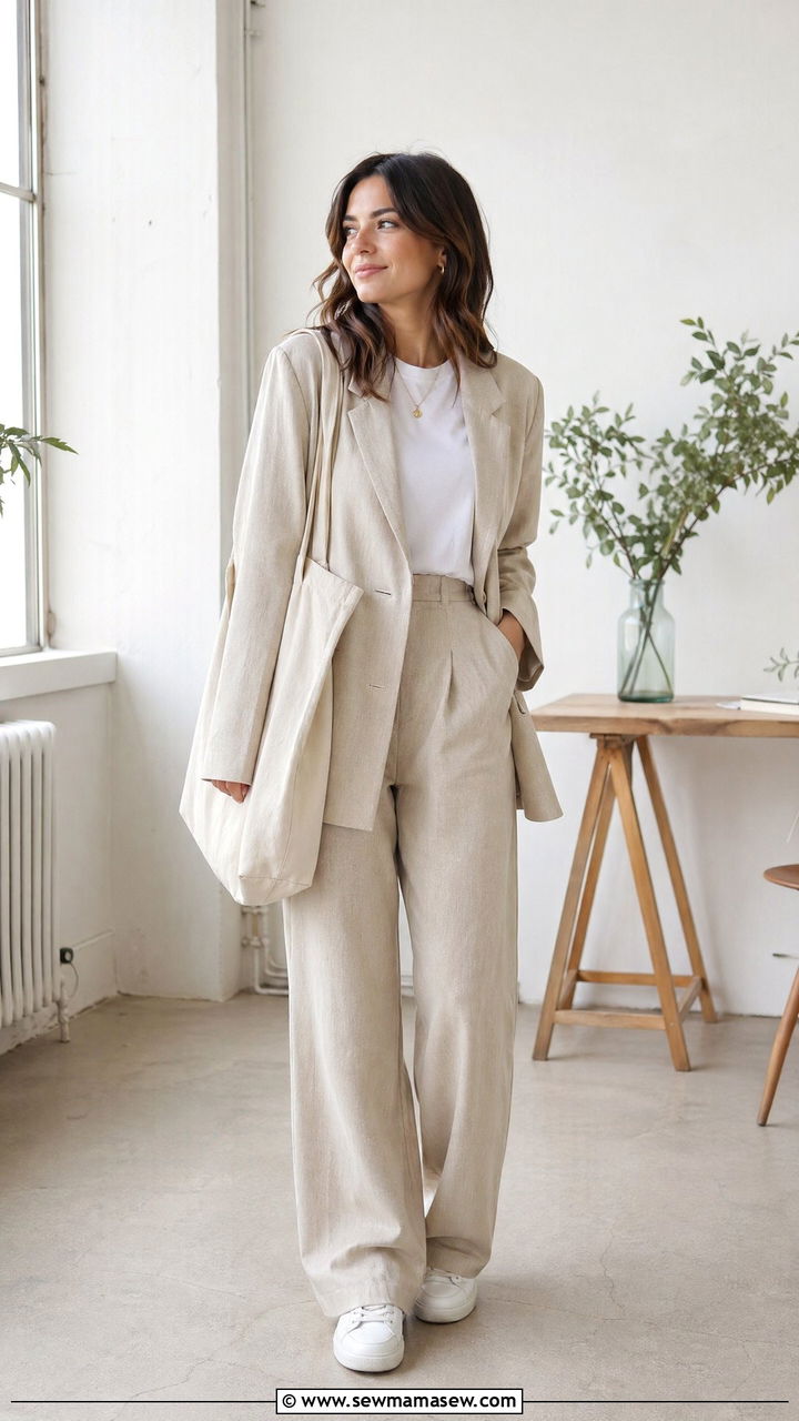 Slouchy two piece suit with clean sneakers - 35 Spring business casual outfits for women