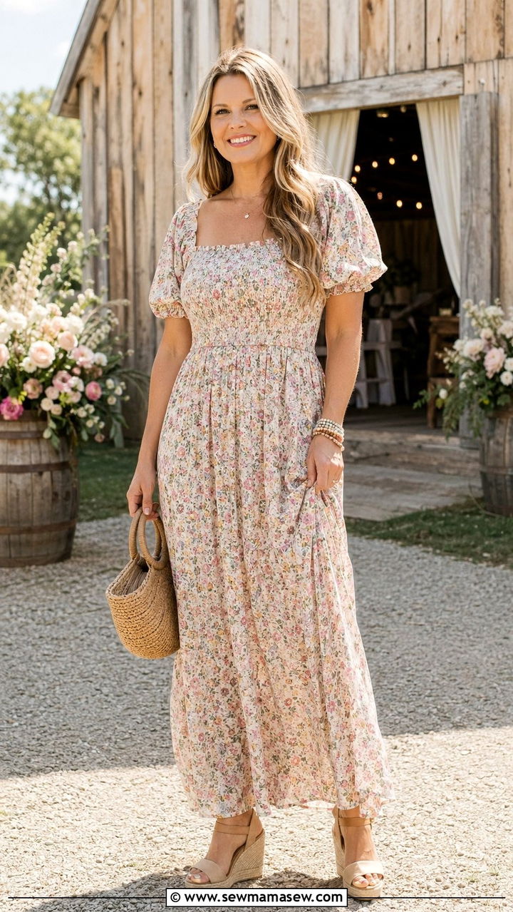 Smocked Bodice Maxi Dress Wedding Guest Outfit - 30 Wedding guest outfits for pear shape