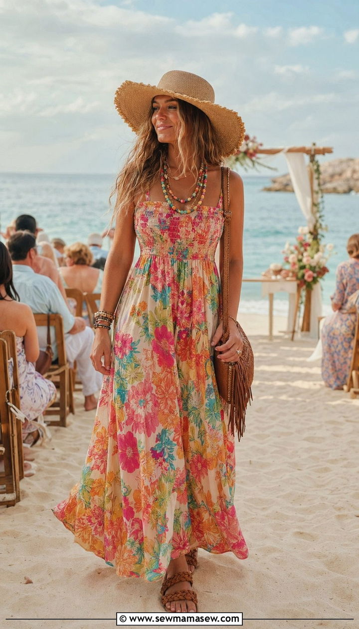 Smocked Bodice Maxi Dress With Flat Sandals - 35 Outdoor wedding guest outfits