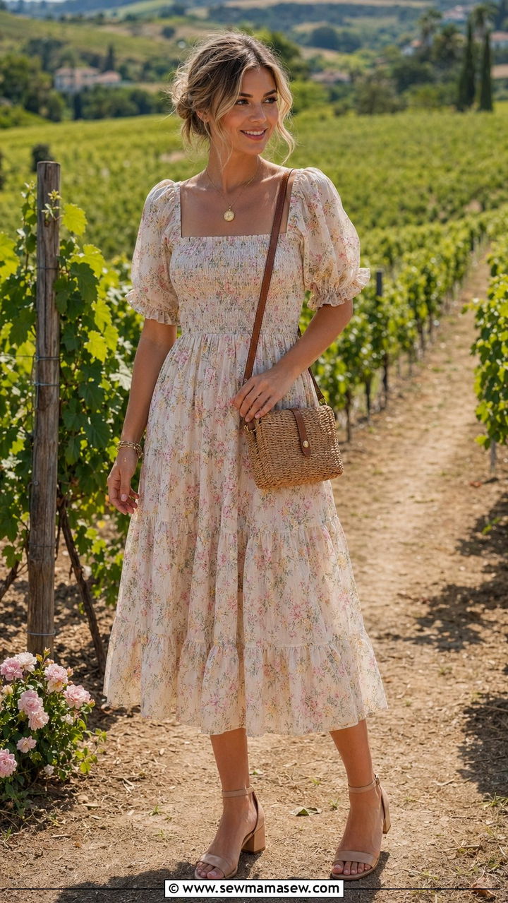 Smocked Bodice Midi Dress With Block Heels - 35 Romantic summer outfits