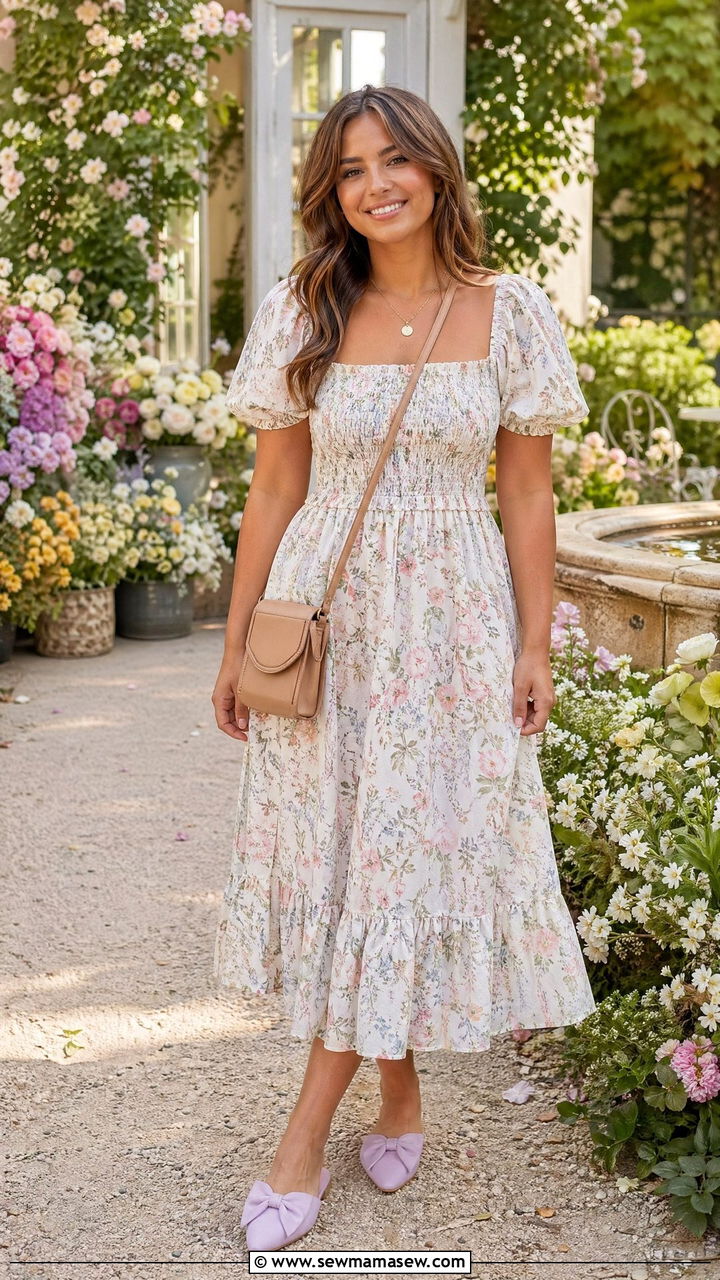 Smocked Bodice Midi Dress with Mules - 35 Spring garden party outfit ideas