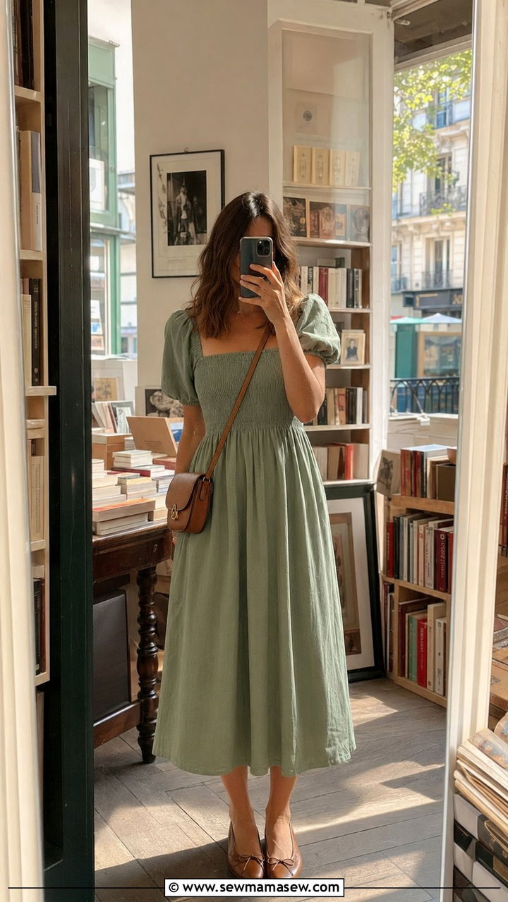 Smocked Dress With Ballet Flats - 35 Paris summer outfit ideas