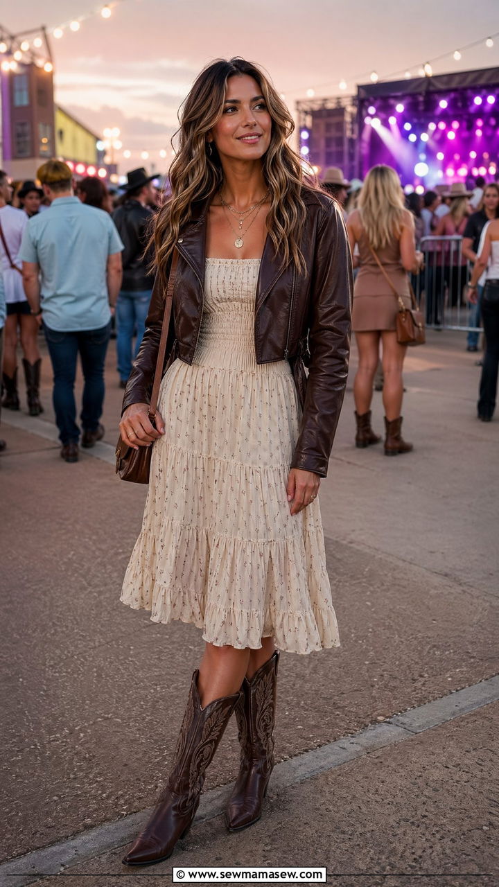 Smocked Dress with Cropped Leather Jacket - 35 country concert outfit ideas for women