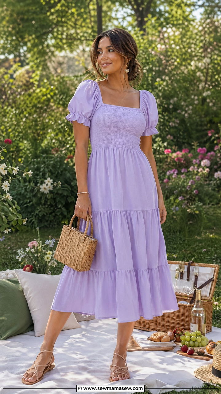 Smocked Dress with Puffy Sleeves - 35 Spring picnic outfit ideas