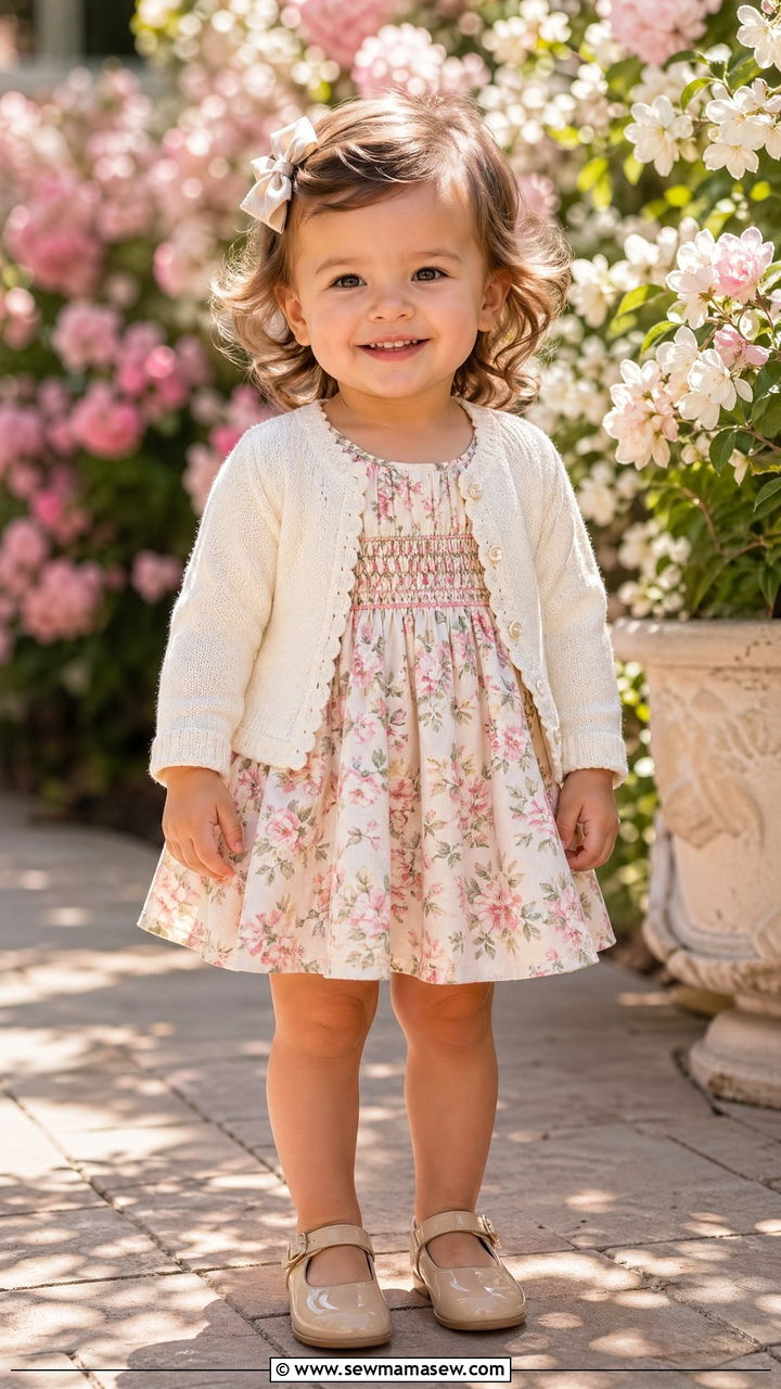 Smocked Floral Dress with Cardigan and Mary Janes - 35 Spring outfits for toddlers