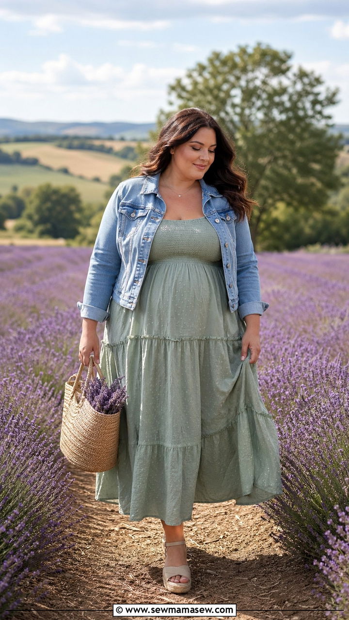 Smocked Maxi Dress With A Denim Jacket - 35 Postpartum outfit ideas plus size