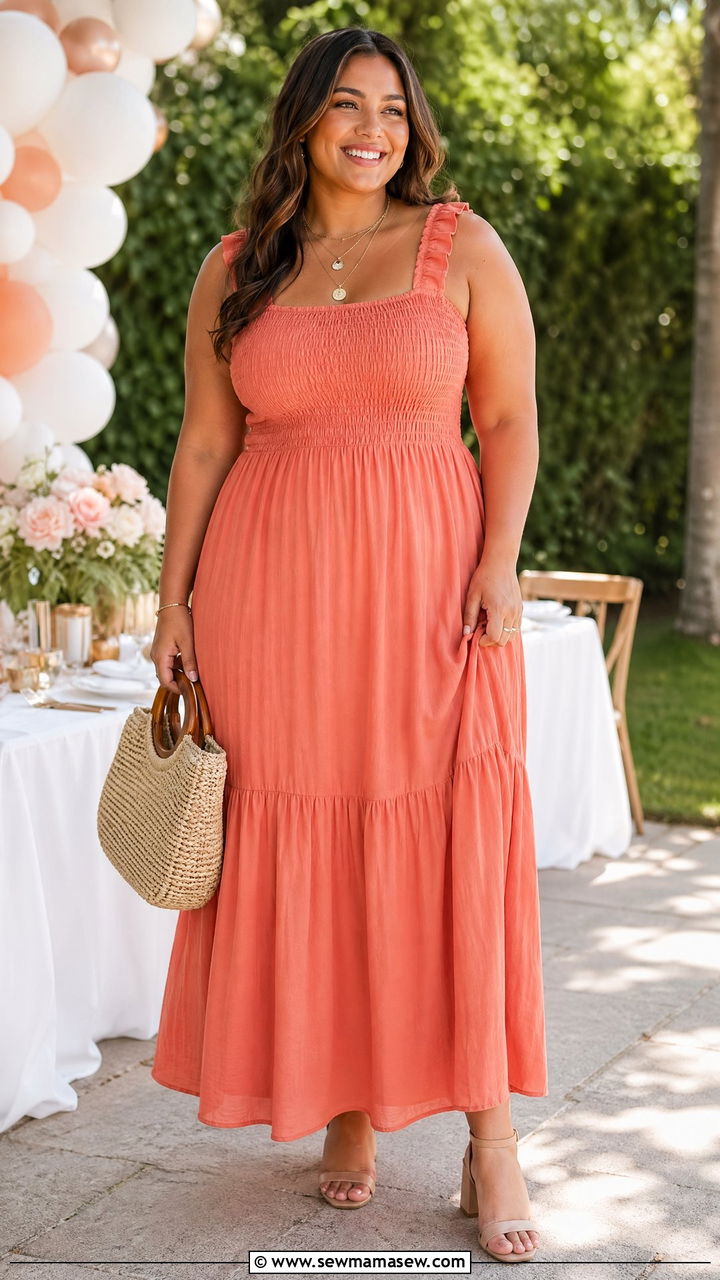 Smocked Maxi Dress With Block Heels - 35 summer baby shower outfit ideas