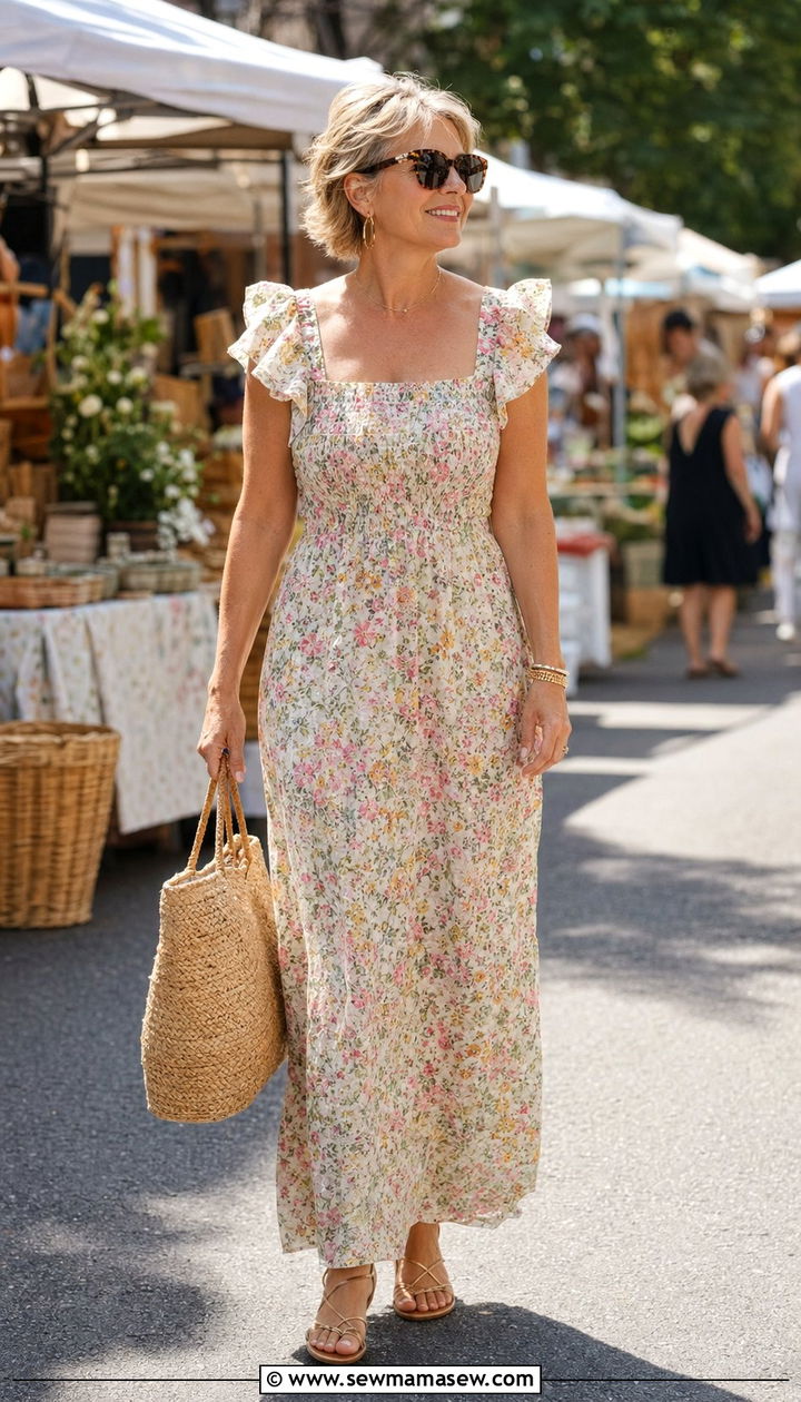 Smocked Maxi Dress with Flat Sandals - 35 Petite outfit ideas for women over 50