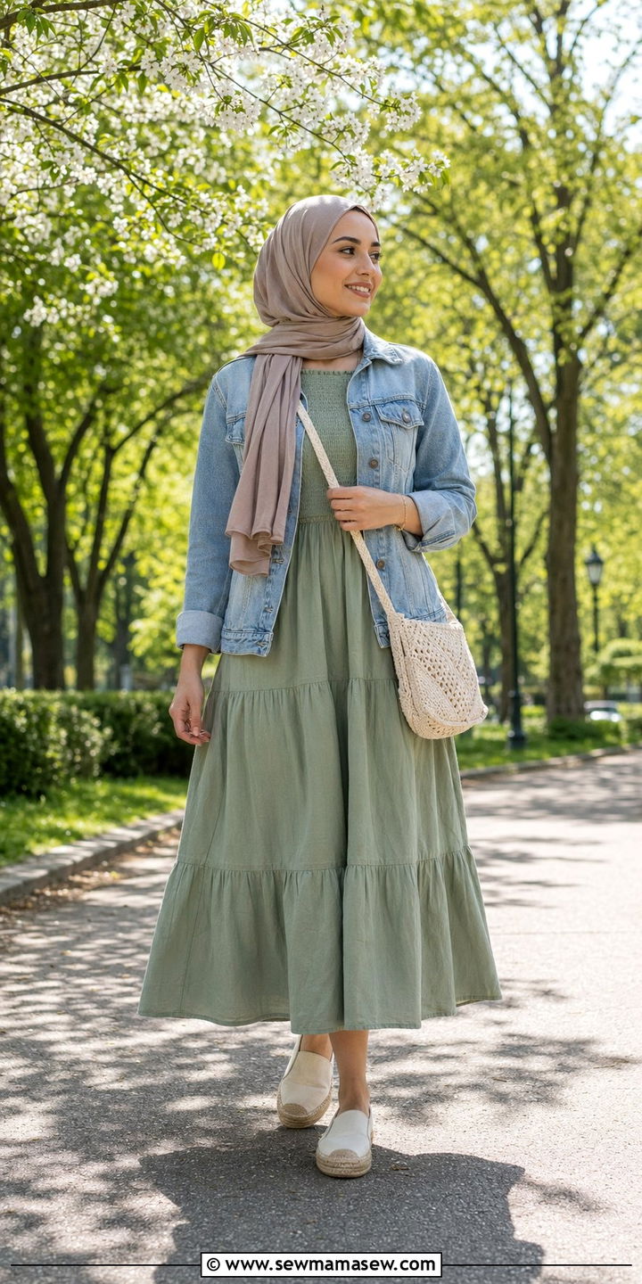 Smocked Midi Dress With Denim Jacket And Espadrilles - 35 Ramadan outfit ideas for women