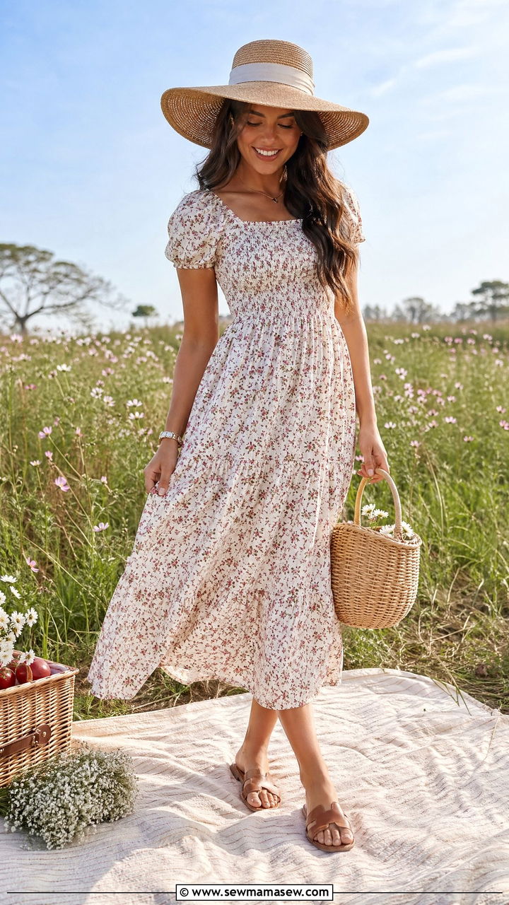 Smocked Midi Dress With Straw Hat And Flat Sandals - 35 spring feminine outfit ideas