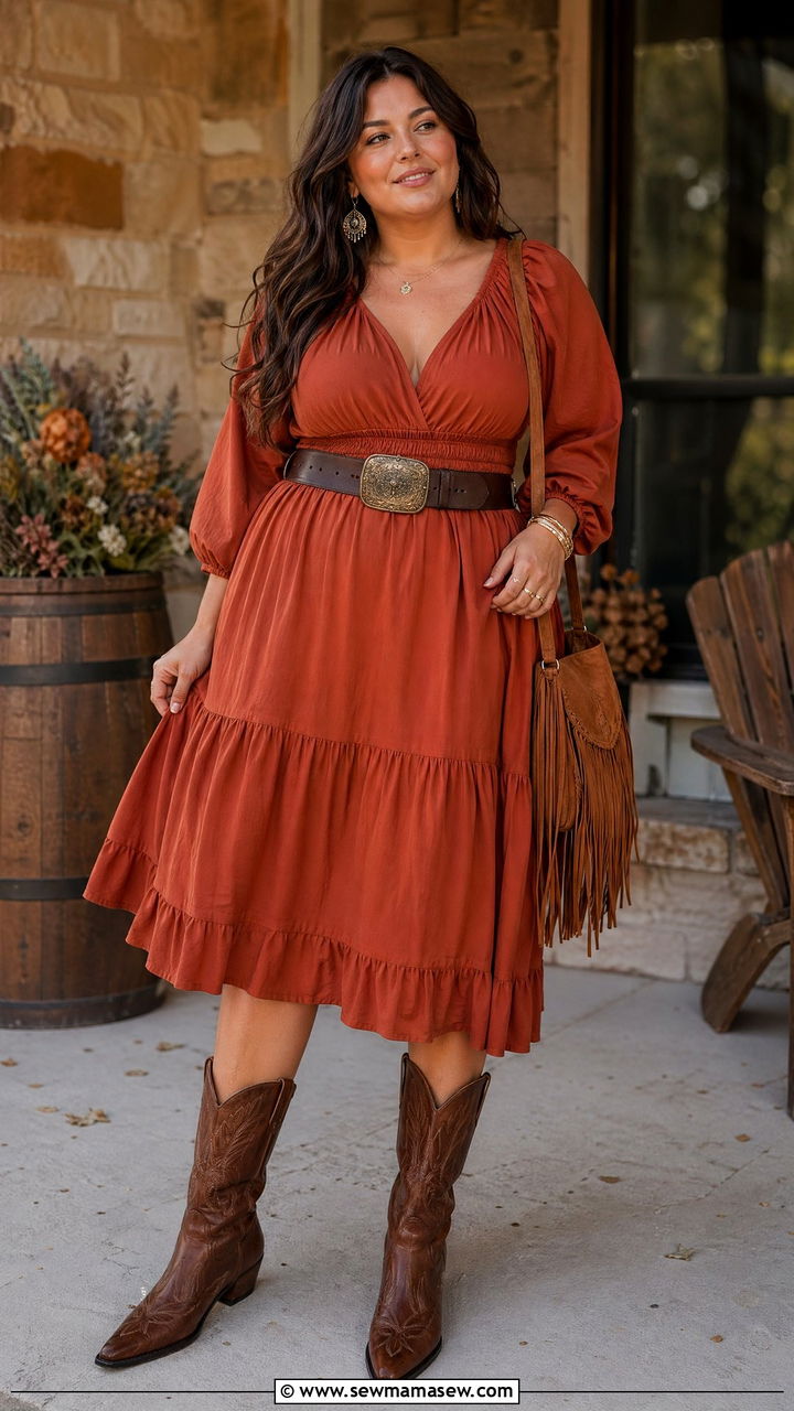 Smocked Midi Dress With Tall Brown Boots - 35 western outfit ideas for women