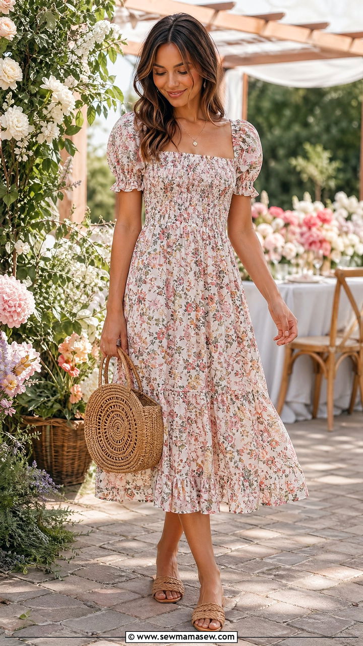 Smocked Midi Dress With Woven Bag - 35 cute hot weather outfits