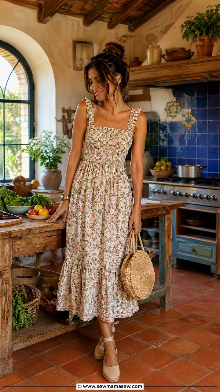 Smocked Midi Dress and Espadrilles - 35 Tuscany vacation outfit ideas