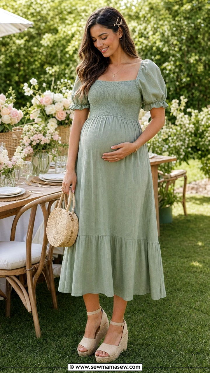 Smocked Midi Dress with Espadrilles - 30 what to wear to a baby shower