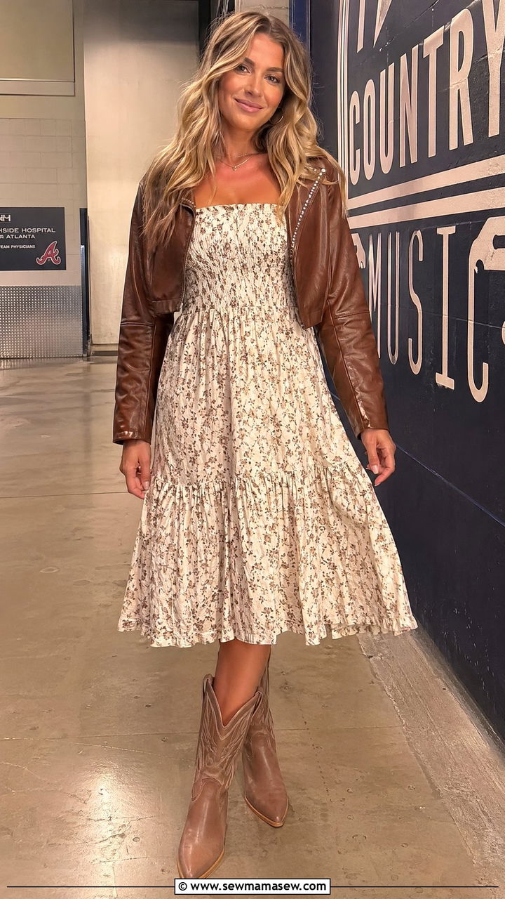 Smocked Midi Dress with Leather Jacket - 35 Country concert outfit ideas
