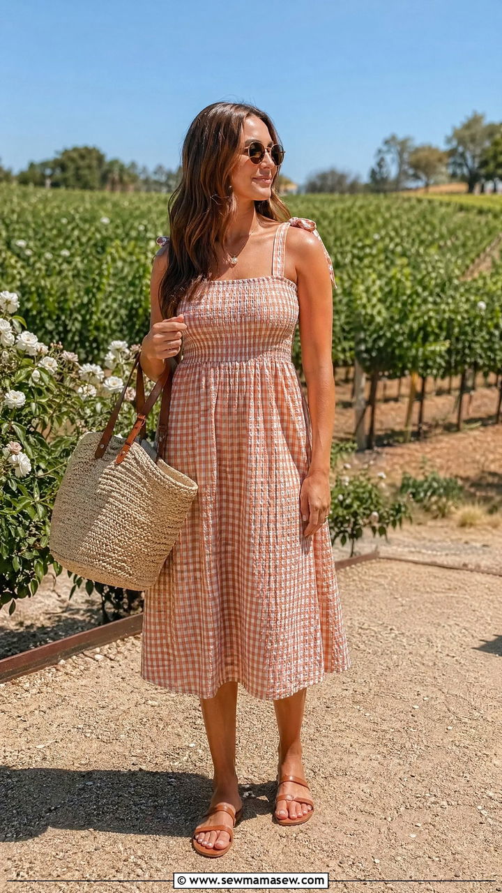Smocked Midi Dress with Straw Tote - 35 Warm summer outfits