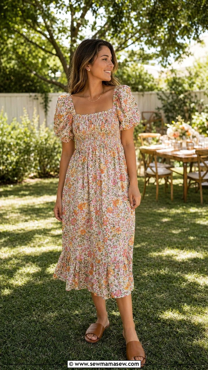 Smocked Puff Sleeve Dress With Mules - 30 Backyard wedding guest outfit ideas