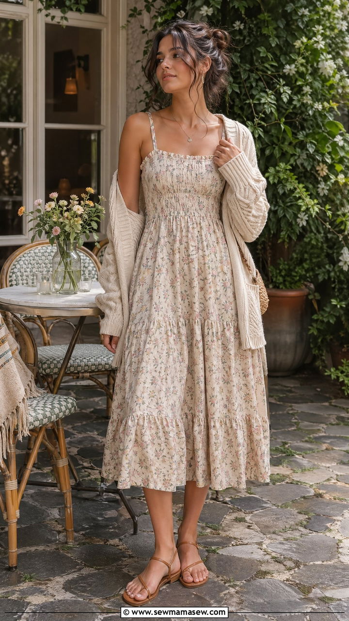 Smocked Sundress With Flat Sandals And Knit Cardigan - 35 Cottagecore outfit ideas