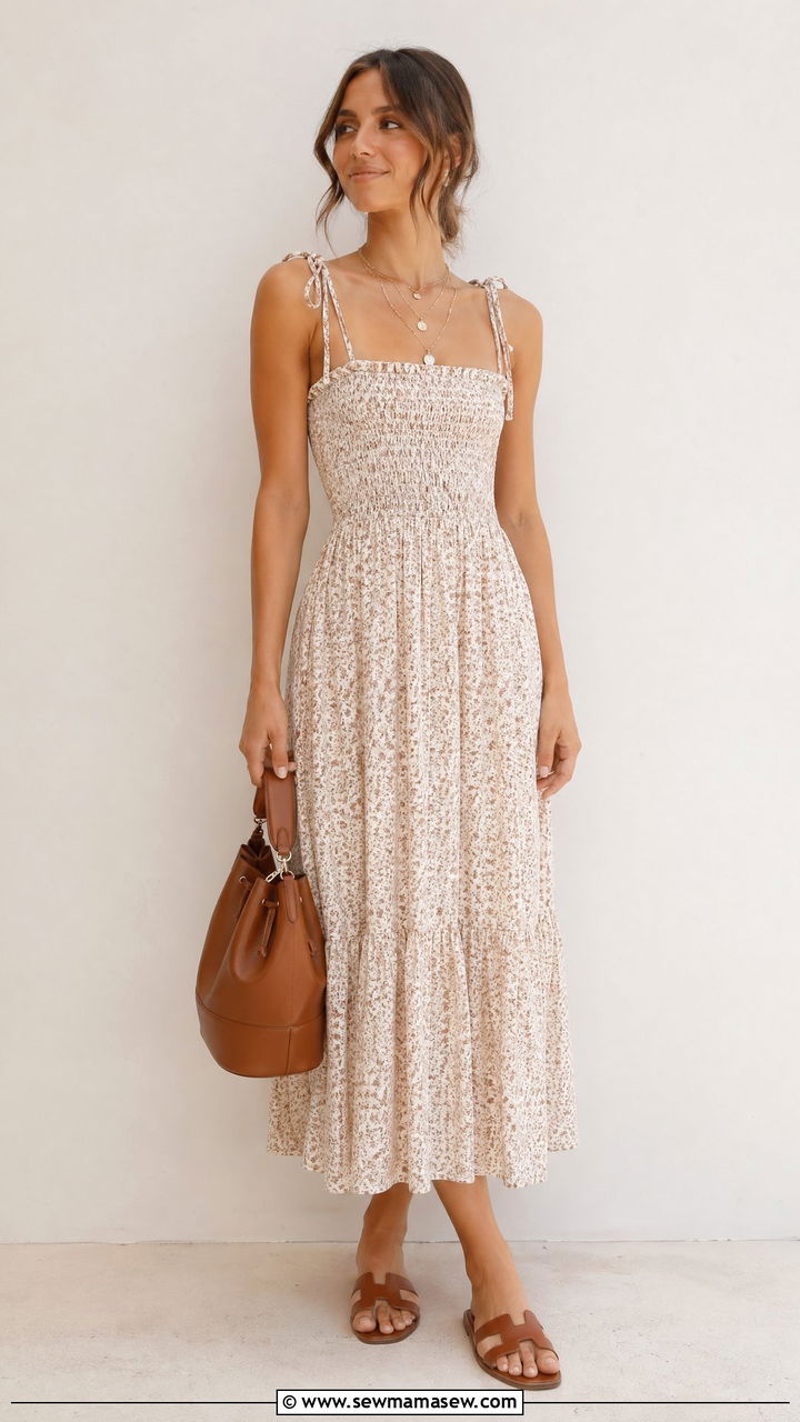 Smocked Sundress With Slide Sandals And Gold Jewelry - 35 Summer outfits with sundresses