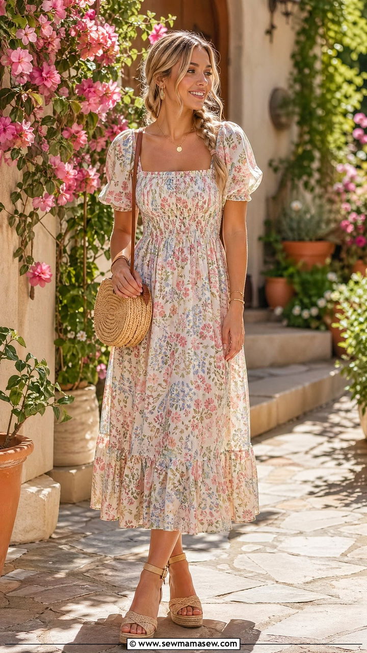 Smocked Sundress and Wedge Sandals - 35 summer street style outfit ideas