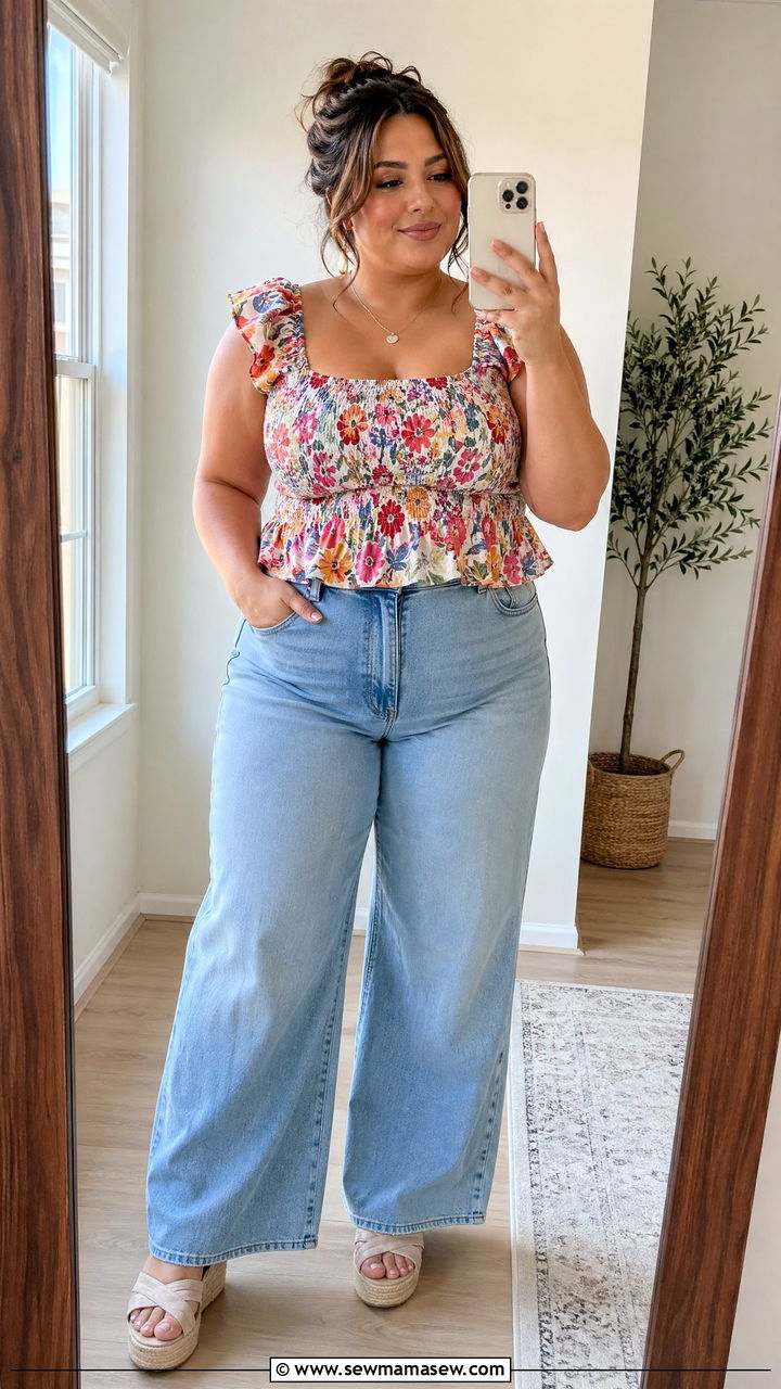 Smocked Top With High Waisted Wide Leg Jeans Outfit - 35 Spring capsule wardrobe plus size