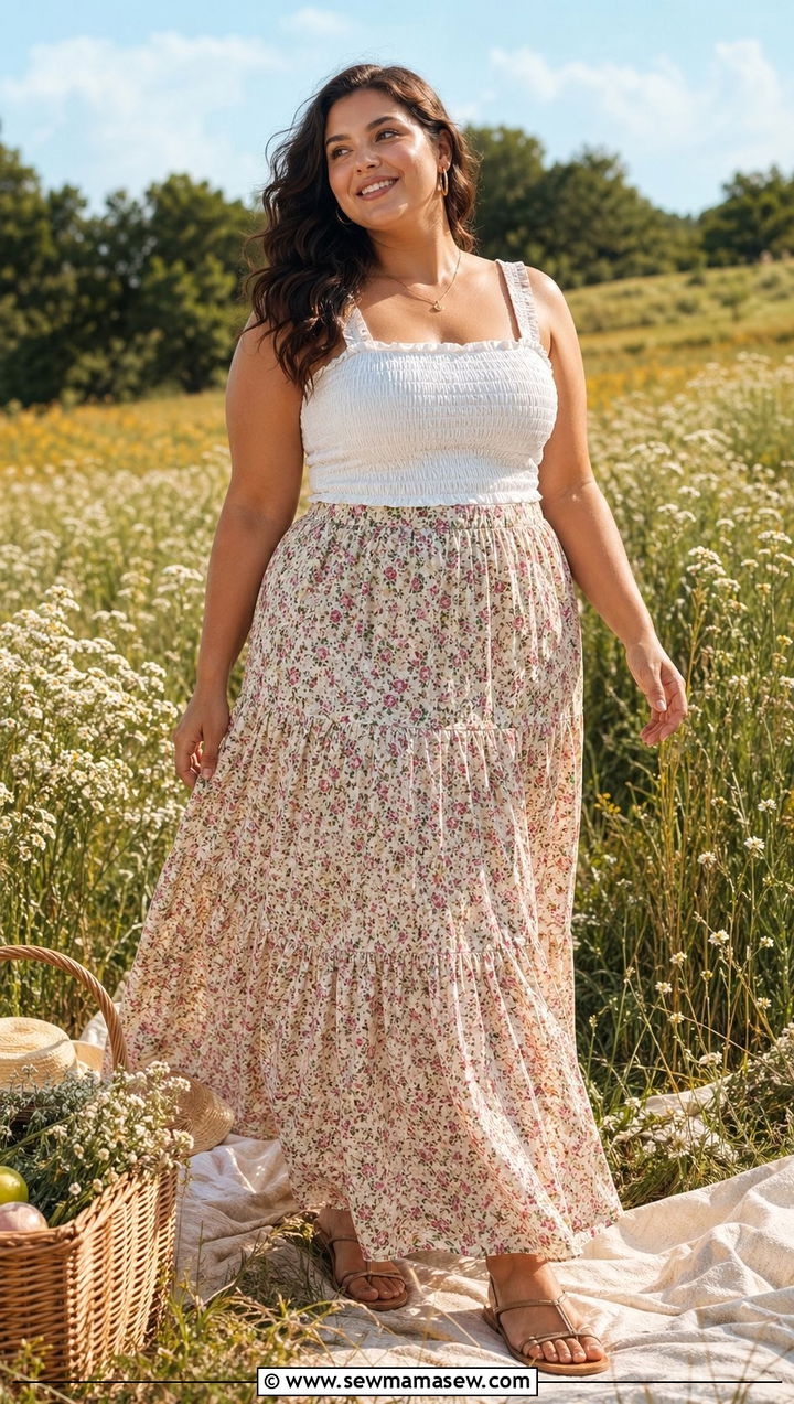 Smocked Top with Flowy Maxi Skirt Outfit - 30 Best tops for plus size