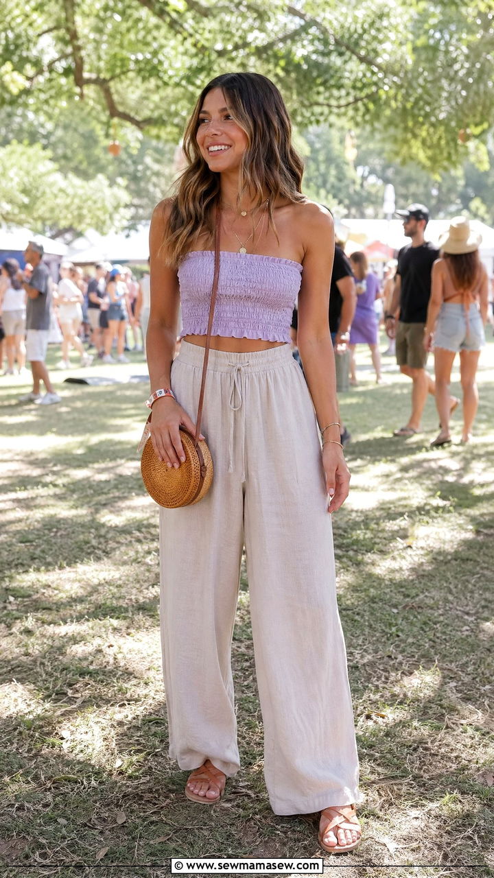 Smocked Tube Top with Flowy Wide Leg Pants - 35 cute festival outfits