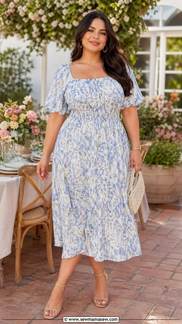 Smocked Waist Midi Dress with Ankle Strap Heels - 35 spring bridal shower outfit ideas