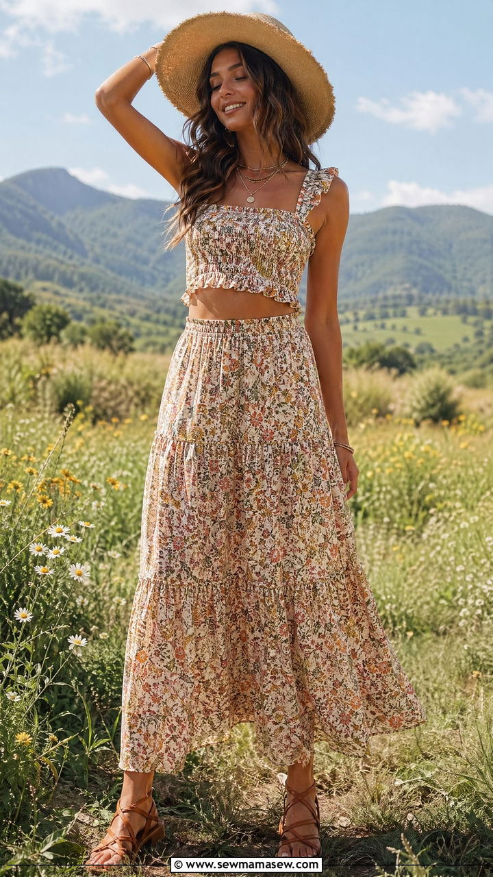 Smocked crop top and tiered maxi skirt set - 35 cute matching set outfits