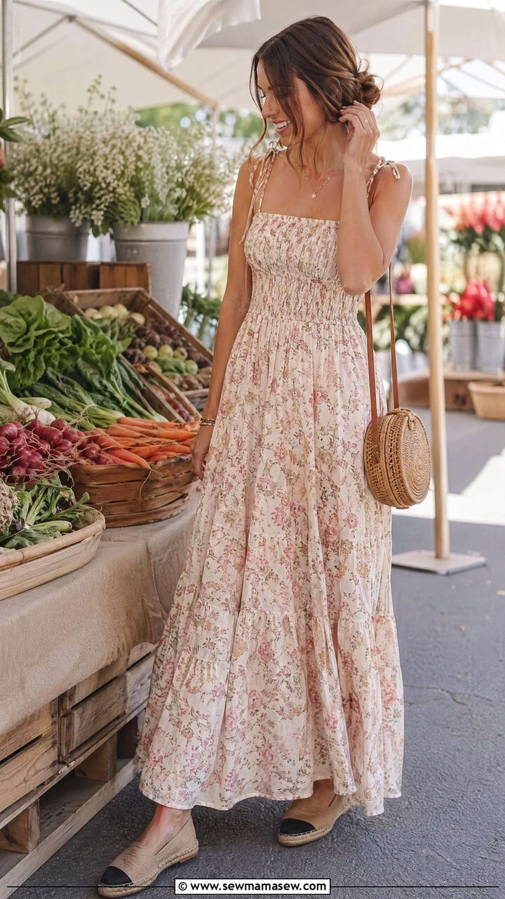Smocked floral maxi dress with flat espadrilles spring farmers market outfit - 35 spring farmers market outfit ideas