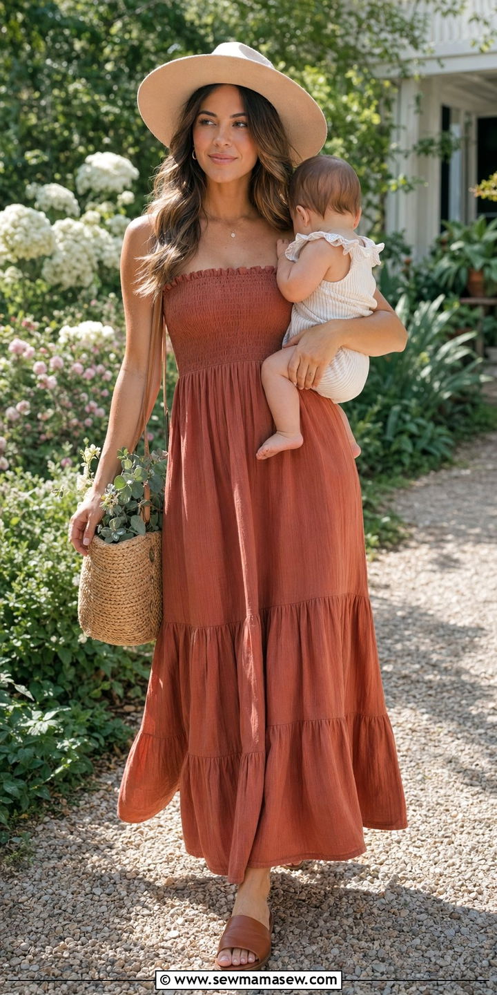 Smocked maxi dress and flat sandals outfit - 35 Outfit ideas for new moms