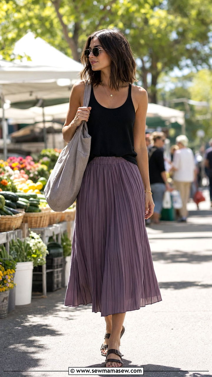 Smoky purple midi skirt and black tank - 35 Moody spring outfit ideas