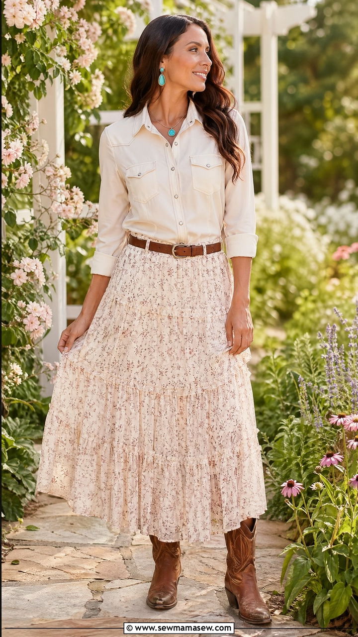 Snap front western shirt with prairie skirt - 35 Western spring outfits