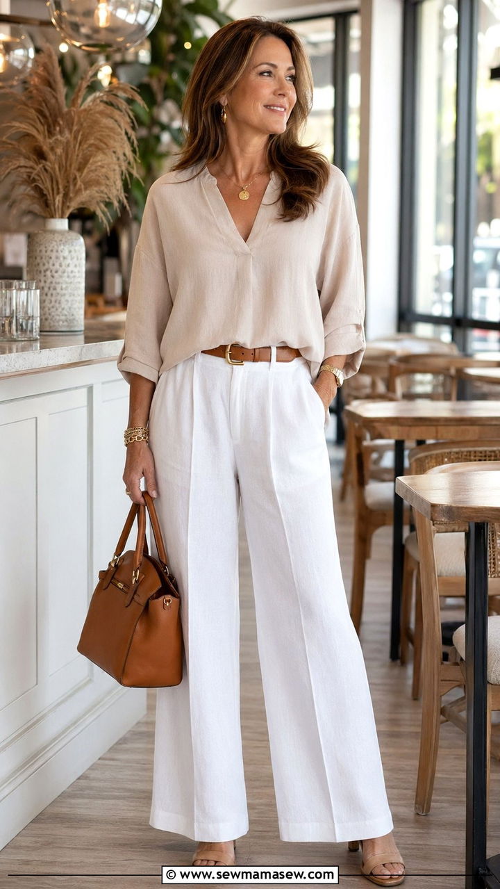 Soft Beige Blouse With White Wide Leg Trousers - 35 Outfit ideas for women over 75