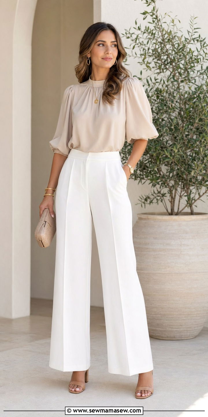 Soft Beige Blouse With White Wide Leg Trousers Outfit - 35 Modest outfits for women over 40