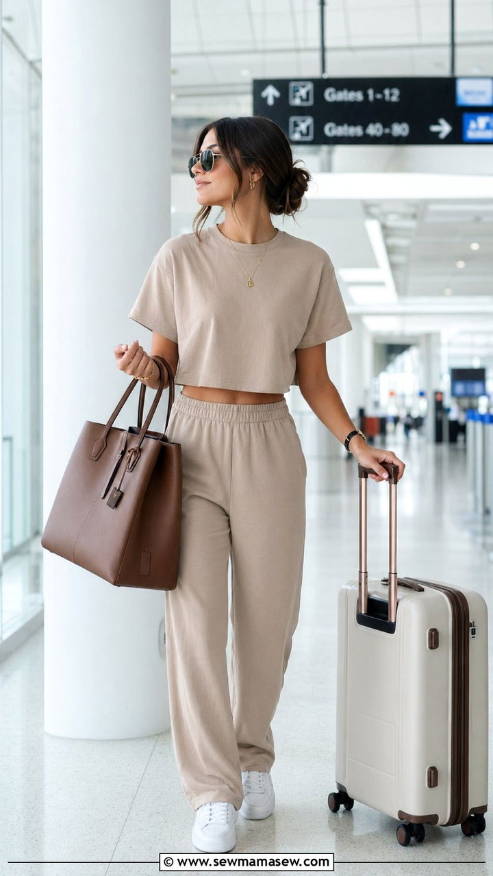 Soft Beige Cropped Tee With Matching Relaxed Pants And Structured Tote - 30 airport outfits inspo