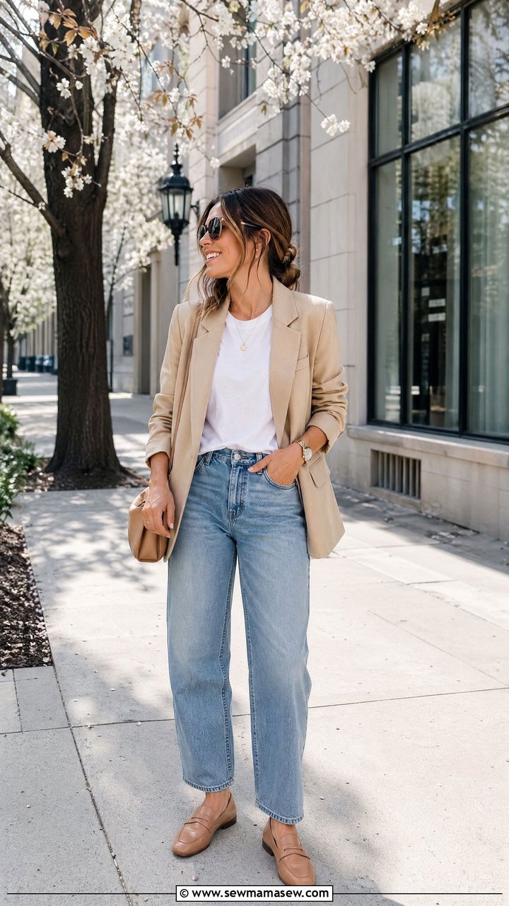 Soft Blazer with T Shirt and Relaxed Jeans Outfit - 35 Spring mom outfit ideas