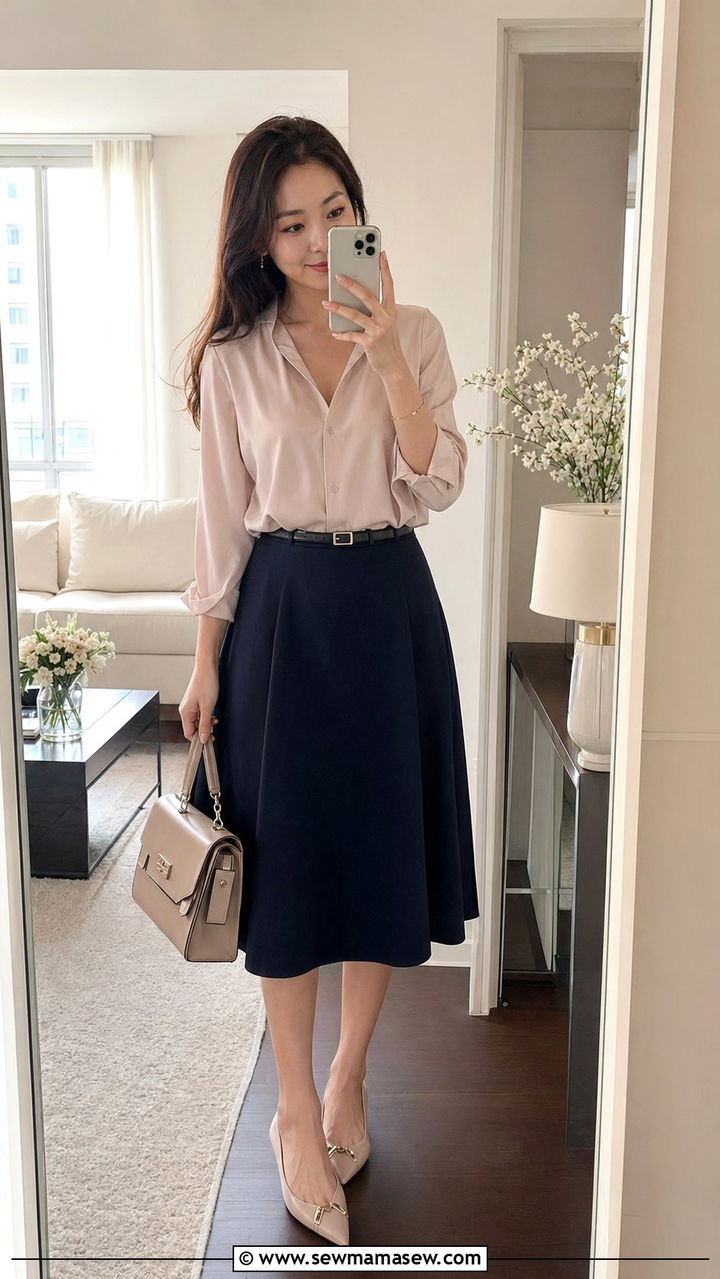 Soft Blouse with A Line Midi Skirt - 30 work outfits ideas