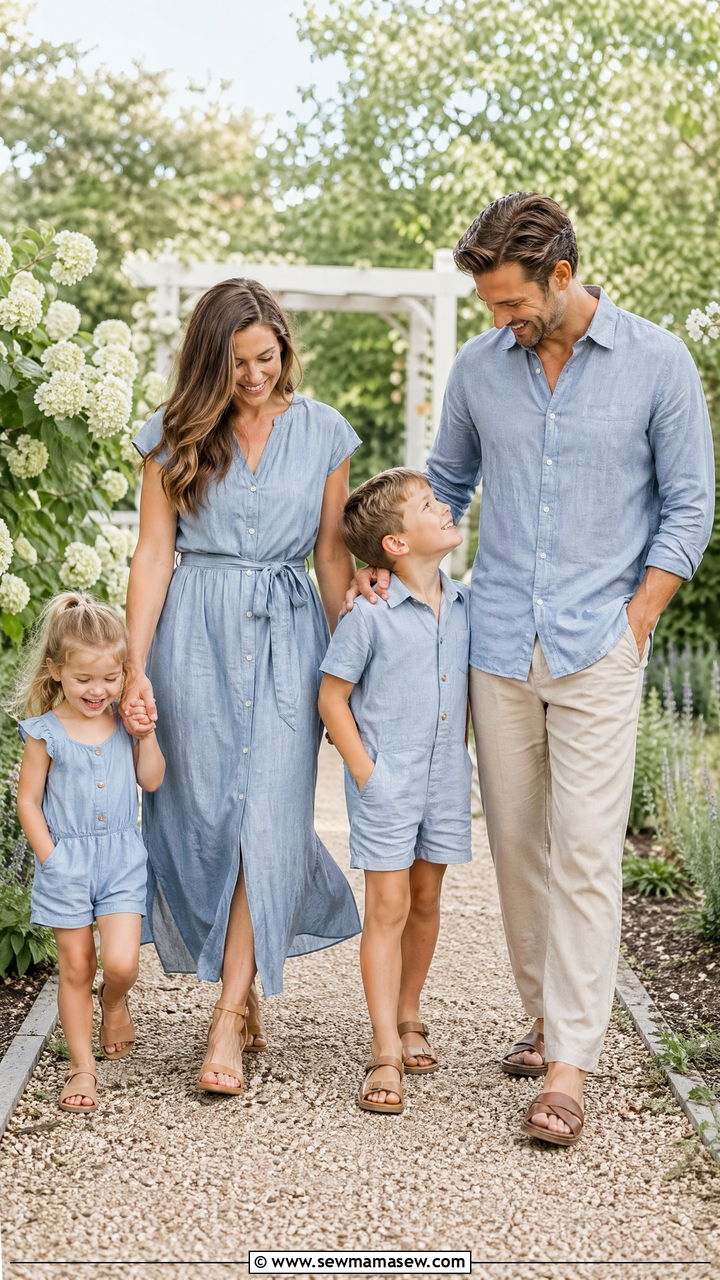 Soft Blue Chambray Linen Summer Family Photo Outfits - 35 Summer family photo outfits