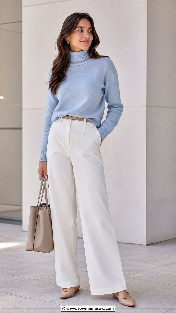 Soft Blue Turtleneck With White Wide Leg Trousers - 35 cute outfits ideas