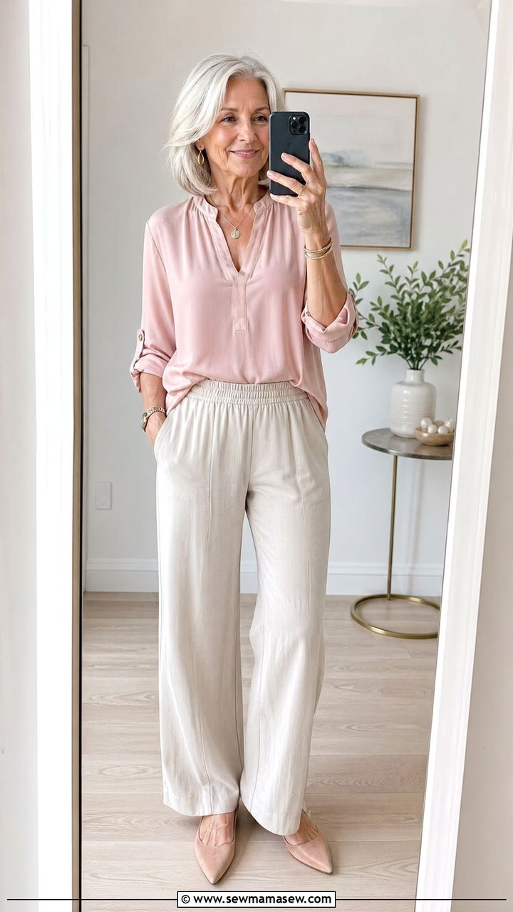 Soft Blush Blouse With Neutral Trousers - 35 Spring outfits for women over 60