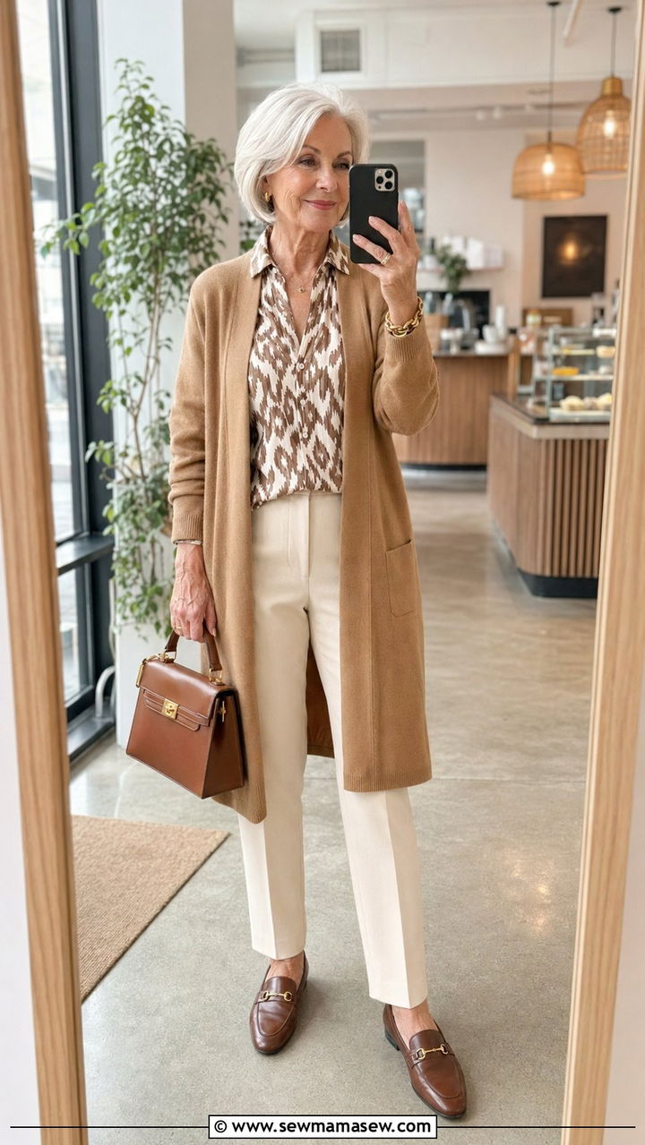 Soft Camel Cardigan with Patterned Blouse and Tailored Cream Trousers - 35 Outfit ideas for women over 70 2026